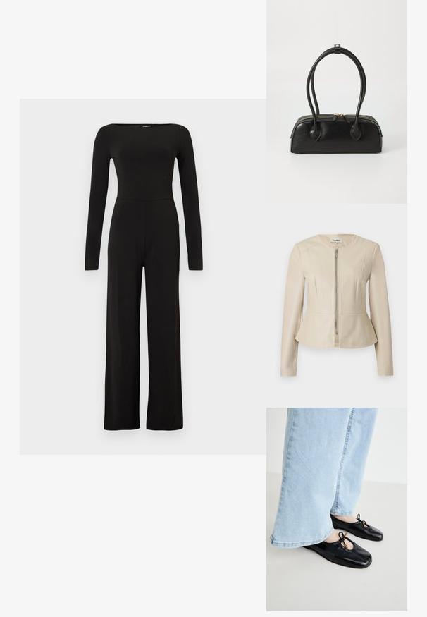 Beige jas van kunstleer met een ronde halslijn, lange mouwen en een ritssluiting aan de voorkant. Heeft een peplumzoom en een gladde, soepele textuur.; Zwarte jumpsuit met lange mouwen en wijde pijpen, een aangesloten taille en een bootnek, getoond tegen een effen lichte achtergrond.; Zwarte leren ballerina's met een ronde neus, voorzien van een uitsnede en strikdetail, gedragen met lichtblauwe wijdgesneden jeans.; Zwarte leren handtas met twee verlengde handvatten, ritsluiting en ronde vorm; gladde textuur met subtiele glanzende afwerking.