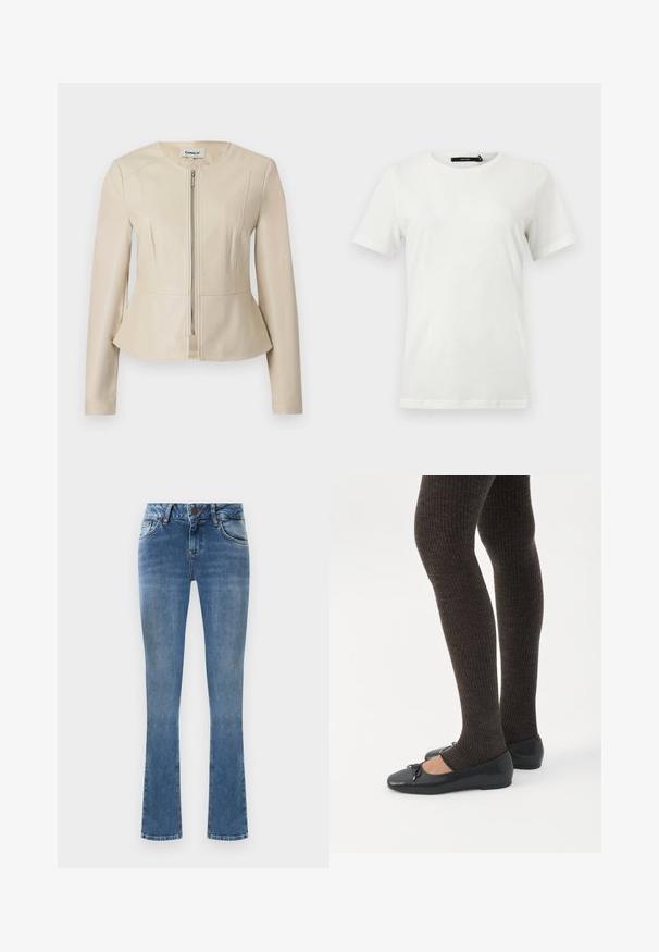 Beige imiteret læderjakke med rund halsudskæring, lange ærmer og lynlås foran. Har en peplumkant og en glat, glinsende overflade.; Simpel hvid T-shirt med korte ærmer og rund hals med lige kant, vist fladt mod en lys baggrund.; Lysblå denim flared jeans med fem lommer, lukning med knap og gule syninger. Stoffet har en glat tekstur.; Ben iført mørke ribbede leggings kombineret med sorte balletsko med små sløjfedetaljer på hvid baggrund.