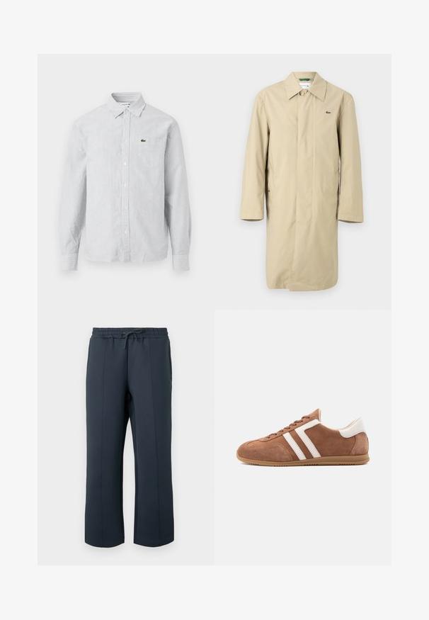 Impermeable beige con cuello, de mangas largas y bolsillos laterales. Presenta un pequeño logo verde en el pecho. Tejido suave y ligero.; Camisa de botones a rayas en azul claro y blanco. Tela de algodón, de mangas largas, con cuello puntiagudo, que presenta un pequeño logo verde en el bolsillo del pecho.; Pantalones deportivos azul marino hechos de material suave y elástico. Cuentan con una cintura con cordón, costuras laterales y un diseño de pierna recta.; Zapatilla de ante marrón con franjas y lengüeta en el talón de cuero blanco, suela de goma beige y cierre de cordones, mostrada de lado sobre fondo blanco.
