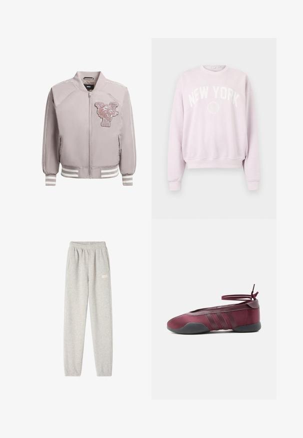 Lyserød bomberjakke med frontlynlås, ribbede manchetter og kant. Har et broderet tiger-patch og hvide accenter på ærmerne.; Good American BRUSHED GRAPHIC CREW NEW YORK - Sweatshirt - candy pink; Grå sweatpants lavet af blød bomuldsblanding, med elastisk talje, sidelommer og et lille logo på venstre lår.; Burgunderfarvet balletsko med sort sål, elastiske ankelstropper bundet i sløjfe og syninger på siderne, vist fra ydersiden.