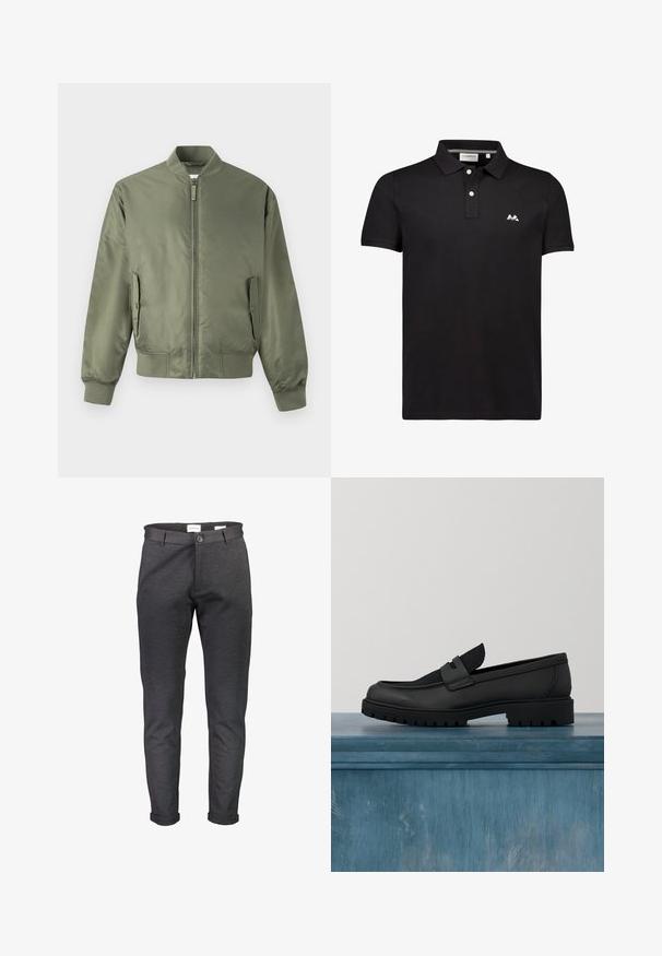 Olivengrøn bomberjakke med lynlås foran, ribkantede manchetter og kant, sidelommer og en glat, blank tekstur. Minimalistisk design.; Sort polo-shirt lavet af bomuld, med klassisk krave, to-knaps placket og et lille bjerglogo på venstre bryst.; Smaltsiddende, mørkegrå bukser lavet af blødt stof, med knaplukning, bæltestropper og op-rullede manchetter. Glat tekstur uden mønstre.; Sort lædersko uden snørebånd med en tekstureret stofdetalje, en robust gummisål og en glat finish. Har diskrete syningsdetaljer.