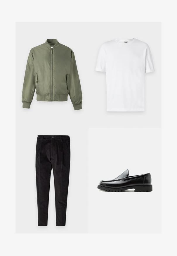 Olivengrøn bomberjakke med lynlås foran, ribkantede manchetter og kant, sidelommer og en glat, blank tekstur. Minimalistisk design.; Hvid bomulds T-shirt med rund hals, korte ærmer og oprevet manchetter; enkel design, blød tekstur og lige snit.; Sorte fløjl bukser med en tekstureret overflade, der har lige ben, plisseret front og elastisk talje for øget komfort.; Sort læderloafer med chunky gummisål, syet overdel og præget mærkenavn på hælen, vist i sideprofil på hvid baggrund.