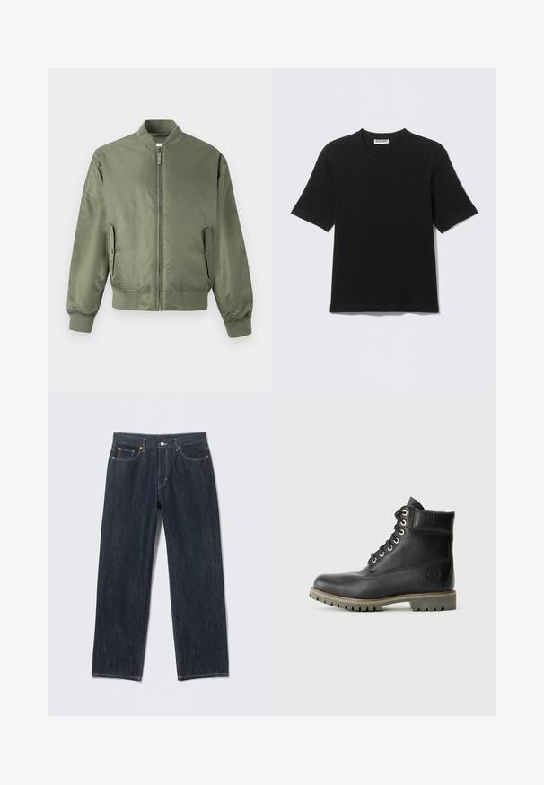 Olivgroene bomberjack met een ritssluiting aan de voorkant, geribbelde manchetten en zoom, zijzakken en een gladde, glanzende textuur. Minimalistisch ontwerp.; Zwart T-shirt met korte mouwen en ronde hals, met een label "WEEKDAY" aan de binnenkant van de kraag, plat neergelegd op een lichte achtergrond.; Donkerblauwe spijkerbroek met een rechte pasvorm, riemlussen, voor- en achterzakken en contrasterende stiksels. Geen zichtbare patronen of versieringen.; Zwarte leren enkelboot met vetersluiting, gewatteerde kraag en een gestructureerd paneel. Beschikt over een robuuste zool en een gebosseleerd logo aan de zijkant.