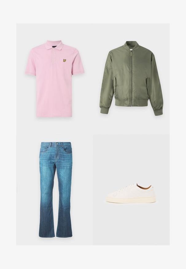 Olivengrøn bomberjakke med lynlås foran, ribkantede manchetter og kant, sidelommer og en glat, blank tekstur. Minimalistisk design.; Lyserød polo t-shirt lavet af bomuld, med en klassisk krave, tre knapper og et gult broderet logo på venstre bryst.; Mellemblå vask jeans i denim med let flare i bunden, klassisk fem-lomme design og frontlukning med knap og lynlås.; Hvid lavtop-sneakers med snørelukning, minimale syningsdetaljer og en cremefarvet sål på en lysegrå baggrund.
