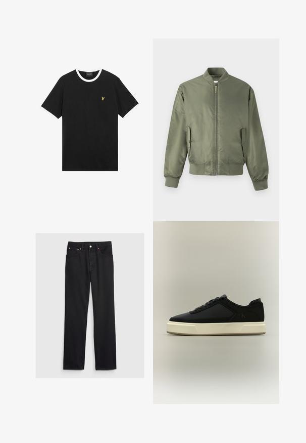 Olivgroene bomberjack met een ritssluiting aan de voorkant, geribbelde manchetten en zoom, zijzakken en een gladde, glanzende textuur. Minimalistisch ontwerp.; Zwart T-shirt met witte kraag en mouwranden, gemaakt van katoen. Voorzien van een klein geel geborduurd adelaarlogo op de borst.; GAP 90S LOOSE - Wijde jeans - black; Zwarte lage sneaker met dikke witte zool, veters aan de voorkant en een subtiel "cK" logo aan de zijkant.