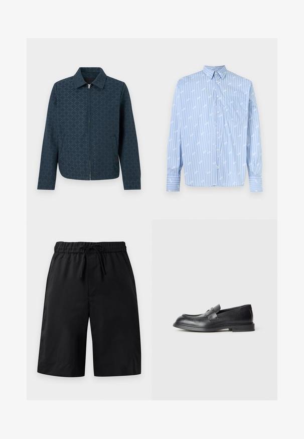 Veste zippée bleu foncé avec un motif subtil à carreaux, col, manches longues et poches avant inclinées.; Chemise bleu clair à boutons avec rayures verticales blanches et une poche poitrine, présentant un col classique et des manches longues avec poignets boutonnés.; Shorts noirs avec une taille élastique et un cordon de serrage. Dotés d'une texture lisse et d'une coupe ample. Design simple sans poches ni embellissements.; Mocassins en cuir noir avec une finition texturée, dotés d'une bride décorative à l'avant et d'un bout arrondi. Semelle en caoutchouc pour plus de durabilité.