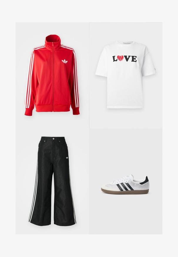Rode zip-up sportjack gemaakt van gladde stof, met witte drie-strepen accenten op de mouwen en een klein wit logo op de borst.; Wit katoenen T-shirt met het woord "LOVE" in het zwart, waarbij de "O" is vervangen door een rood hart. Korte mouwen en een ontspannen pasvorm.; Zwarte denim broek met wijde pijpen, voorzien van drie witte strepen aan elke zijkant en een klein wit logo. Heeft voorzakken en een knoopsluiting.; Witte mesh sneaker met zwarte strepen, beige suède neuskapje en hielaccent, gestructureerde rubberen zool en witte veters. Klassiek ontwerp met lage schacht.