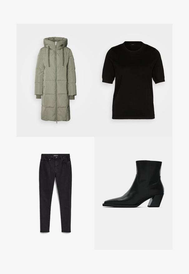 Mos Mosh Wintermantel - tea; Zwarte sweater met korte mouwen, ronde hals, gladde gebreide textuur en een aansluitend lichaam, met ribgebreide manchetten en zoom voor een nette afwerking.; Zwarte skinny jeans gemaakt van denim; vijf-pocket ontwerp met een rits en knoopsluiting. Heeft een subtiele textuur en een schone, minimalistische stitching.; Zwarte leren enkelboot met een spitse neus, een slanke silhoeet en een chunky vierkante hak. Gladde textuur met minimale stikdetails.