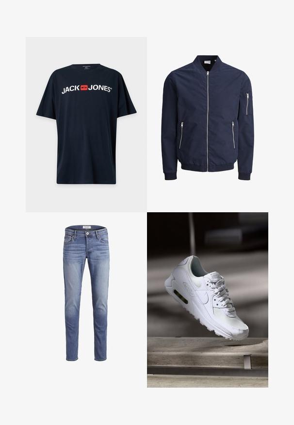 Marinefarvet bomberjakke med lynlås foran, ribbet krave og manchetter, to sidelommer og en lynlåslomme på den øverste arm, fremstillet af et glat stof.; Sort T-shirt med korte ærmer med hvid "JACK JONES" tekst og et rødt firkantet logo centreret på brystet.; Smalpassende blå jeans lavet af denim, med en falmet vask, fem lommer og en lynlås i front med knaplukning.; Hvide Nike Air Max 90 sneakers med en overdel i mesh og læder, perforeret tåboks og en synlig luftenhed i hælen.