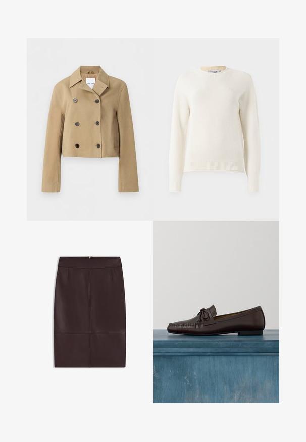 Beige cropped dubbelgeknoopte jas met brede kraag, zes donkere knopen, lange mouwen en zijzakken, getoond op een effen achtergrond.; Off-white gebreide trui met lange mouwen, ribbels aan de mouwen en onderkant, ronde halslijn en een klein geborduurd logo op de borst.; Bordeaux leren pencilrok met een soepele textuur, voorzien van plooien aan de voorkant en een verborgen rits aan de achterkant voor sluiting.; Bruine leren loafers met een ronde neus, strikdetail en sierstiksels langs de wreef. Platte zwarte rubberen zool.