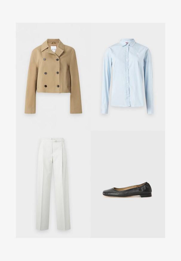 Veste beige courte à double boutonnage avec large col, six boutons foncés, manches longues et poches latérales, présentée sur un fond uni.; Chemise bleu clair à manches longues avec rayures blanches verticales, boutonnée à l'avant, col pointu et petit logo sur la poitrine.; Pantalon blanc taille haute avec de fines rayures noires verticales et une ceinture fine à la taille, coupe droite.; Ballerines en cuir noir avec un bout arrondi et des coutures minimales. Talon bas et rectangulaire avec une texture lisse. Détails subtils de doublure intérieure.