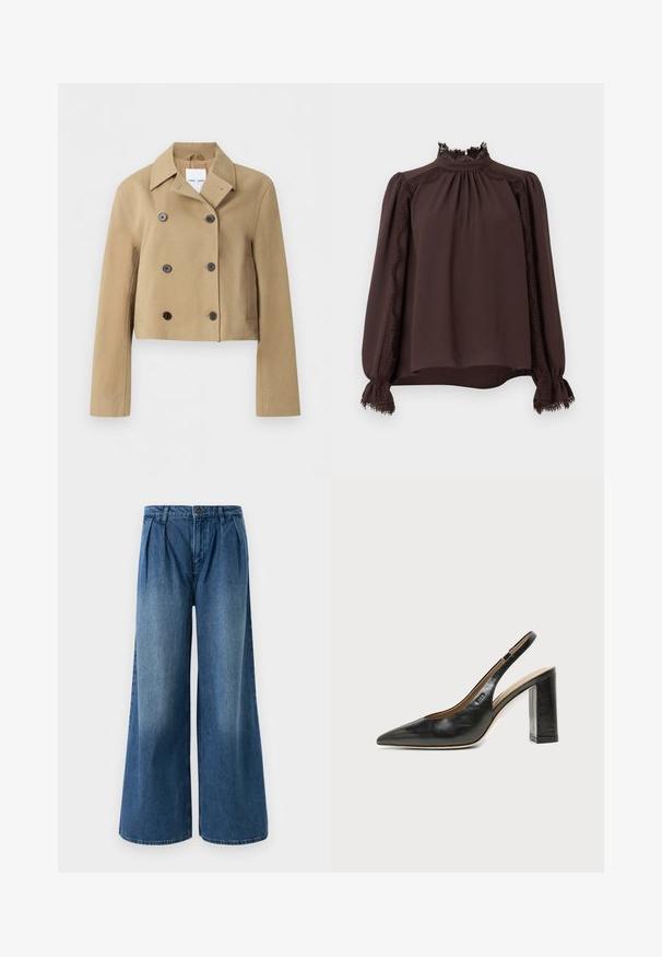 Veste beige courte à double boutonnage avec large col, six boutons foncés, manches longues et poches latérales, présentée sur un fond uni.; Blouse marron foncé à manches longues avec col haut en dentelle, bordure en dentelle le long des manches, épaules bouffantes et poignets en dentelle.; Jeans évasés en denim bleu moyen, avec des plis au niveau de la taille et un design à plat à l'avant. Ourlet simple sans embellissements visibles.; Chaussure slingback en cuir noir à bout pointu avec un talon bloc haut et une doublure intérieure beige sur un fond clair uni.