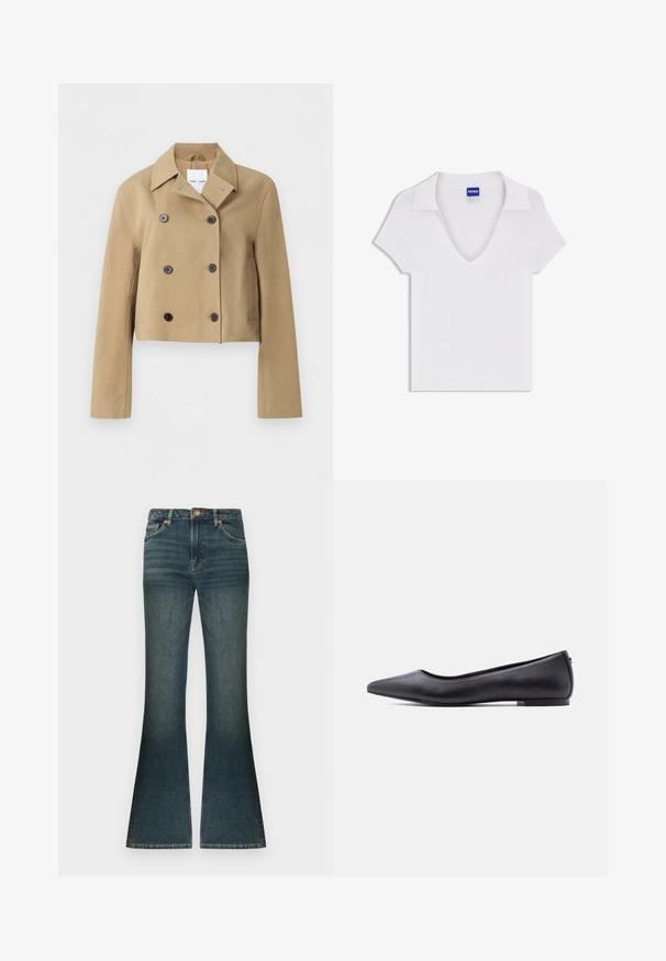 Veste beige courte à double boutonnage avec large col, six boutons foncés, manches longues et poches latérales, présentée sur un fond uni.; Chemise blanche à manches courtes avec col en V et large col, en tissu texturé, avec une étiquette bleue « HUGO » à l'intérieur de l'encolure.; Jean flare en denim bleu foncé avec un léger décoloré subtil, taille standard et un design classique à cinq poches. Accents en métal cuivré.; Chaussure plate en cuir noire à bout pointu avec petit talon, vue de profil sur fond blanc.