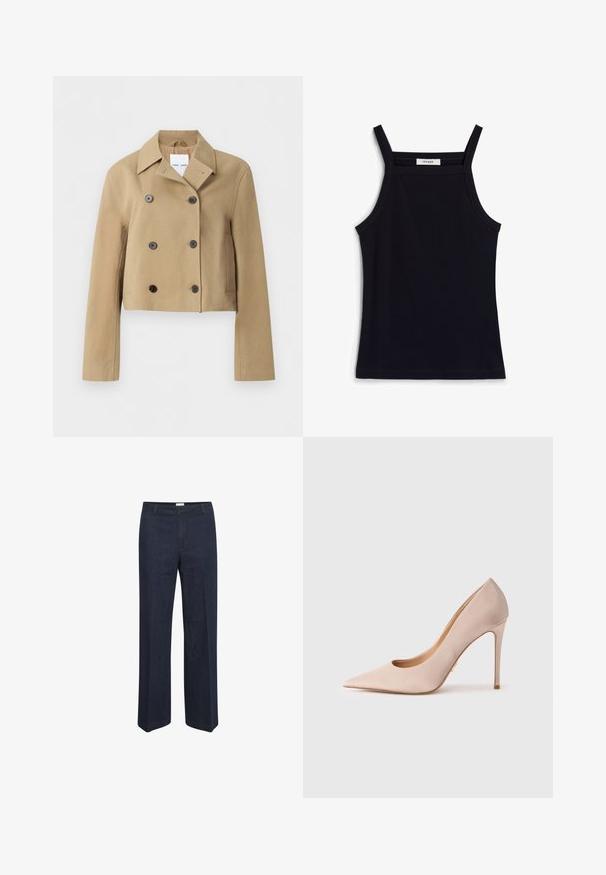 Beige cropped dubbelgeknoopte jas met brede kraag, zes donkere knopen, lange mouwen en zijzakken, getoond op een effen achtergrond.; Zwarte geribbelde tanktop met smalle schouderbandjes, met een ronde halslijn en rechte zoom. Etiket leest "IVY OAK."; Donkerblauwe, wijde jeans met een klassieke tailleband en voorzakken, ontworpen voor een comfortabele pasvorm en veelzijdige stijl.; Beige suède pump met hoge hak, een spitse neus en uitsnijdingen. Heeft een slank silhouet en een dunne naaldhak.