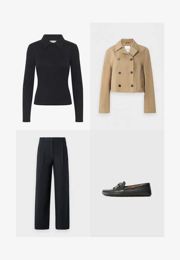 Beige gekürzte zweireihige Jacke mit weitem Kragen, sechs dunklen Knöpfen, langen Ärmeln und Seitentaschen, dargestellt vor einfarbigem Hintergrund.; Schwarzes Langarm-Polo-Shirt mit gerippter Textur, Knopfverschluss und einem dezenten Logo. Verfügt über ein klassisches Kragen-Design.; Schwarze, maßgeschneiderte Hose mit geradem Bein, vorn mit Falten, einer glatten Textur und Gürtelschlaufen. Keine sichtbaren Taschen.; Schwarze Lederbootsschuhe mit rundem Zehenbereich, gestickten Details, kleinem Schleifenakzent und Gummisohle. Glatte Textur und schlankes Design.