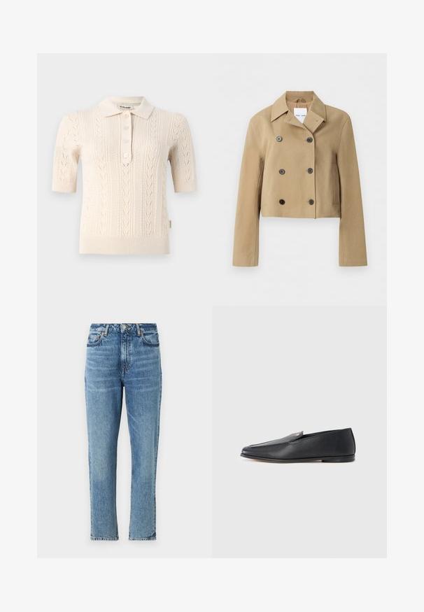 Veste beige courte à double boutonnage avec large col, six boutons foncés, manches longues et poches latérales, présentée sur un fond uni.; Polo à manches courtes, couleur crème, avec une texture tricotée, un motif en câble et une patte de boutonnage à trois boutons. Détails en col et ourlet côtelés, doux.; Jeans en denim bleu clair avec une taille haute, un design à jambe droite et une texture délavée. Comprend des accessoires en métal argenté et des coutures contrastées.; Mocassins en cuir noir à texture lisse, bout arrondi et détails de couture subtils. Ils présentent un accent logo doré sur le côté supérieur.