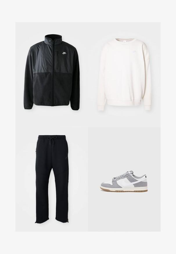 Sort Nike fleecejakke med fuld lynlås, høj krave, lynlåslomme på brystet og kontrasterende stofpanel på den øverste front.; Hvid crewneck sweatshirt lavet af blødt stof, med et lille lyseblåt Nike-logo på brystet, samt ribbede manchetter og kant.; Sorte træningsbukser med elastisk linning og snoretræk, har sidelommer, smalle ben og lynlåse ved anklerne. Glat tekstur.; Nike-sneakers har en øverste del i gråt ruskind og hvidt læder med perforeringer, runde snørebånd og en gummisål for greb.