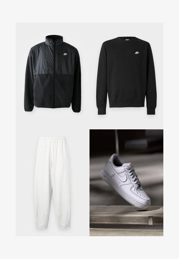 Veste en polaire noire Nike avec fermeture éclair intégrale, col montant, poche poitrine zippée et panneau en tissu contrastant sur le devant supérieur.; Sweat-shirt noir en coton, avec un col rond, des manches longues, et un petit logo Nike blanc sur la partie supérieure gauche de la poitrine.; Pantalons de survêtement gris clair en tissu doux, avec une taille élastique, des jambes fuselées et des poignets au niveau des chevilles. Conception simple sans motifs.; La basket Nike Air Force 1 en cuir blanc présente un embout perforé, des lacets plats et une semelle en caoutchouc texturée avec le logo « AIR » sur le côté.