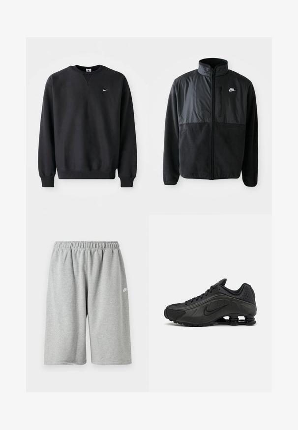 Chaqueta de forro polar negra de Nike con cremallera completa, cuello alto, bolsillo en el pecho con cremallera y panel de tela en contraste en la parte superior delantera.; Sudadera negra de Nike con cuello redondo y mangas largas, con el icónico logo de swoosh en blanco en el pecho.; Pantalones cortos de algodón gris con cintura elástica, con un ajuste holgado y un pequeño logotipo blanco cerca del dobladillo. Textura suave, longitud por encima de la rodilla.; Zapatillas de running negras con un upper sintético liso, detalles perforados, paneles laterales texturizados y una suela distintiva y elástica.