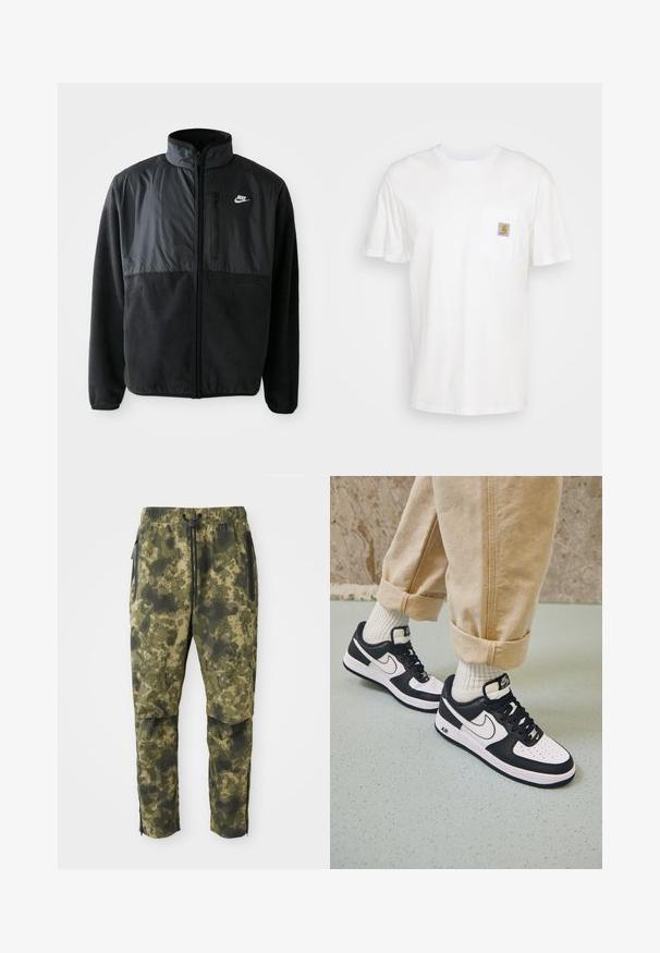 Musta Nike-fleece-takki täysipitkällä vetoketjulla, korkealla kauluksella, vetoketjullisella rintataskulla ja erottuvalla kangaspaneelilla etuosassa.; Valkoinen puuvillapaidan t-paita, jossa on lyhyet hihat, rintatasku ja pieni neliönmuotoinen logo-ompelu oranssilla ja valkoisella taskussa.; Sotkuhousut eri sävyissä vihreää digitaalisella kuosilla. Varustettu joustavalla vyötäröllä, nyörillä ja sivuissa vetoketjulliset taskut.; Mustat ja valkoiset Nike Air Force 1 -tennarit, joissa on nahkavarsi, rei'itetty varvas ja teksturoitu pohja, käytetty vaaleanbeigejen käännettyjen housujen ja valkoisten sukkien kanssa.