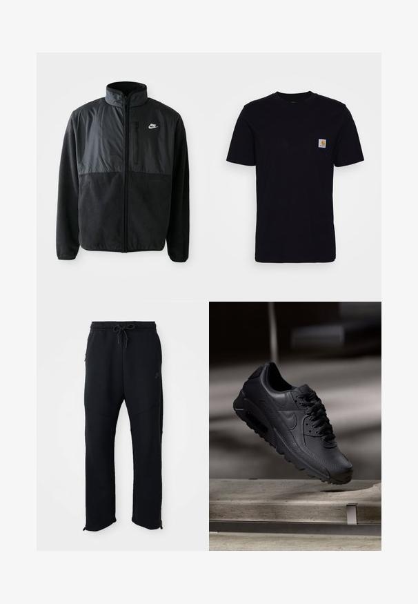 Chaqueta de forro polar negra de Nike con cremallera completa, cuello alto, bolsillo en el pecho con cremallera y panel de tela en contraste en la parte superior delantera.; Camiseta de algodón negra con mangas cortas, cuello redondo y un bolsillo en el pecho que presenta un pequeño parche de logo cuadrado. Diseño simple y sólido.; Pantalones deportivos negros con cinturilla elástica y cordón, con bolsillos laterales, piernas ajustadas y cremalleras en los tobillos. Textura suave.; Zapatillas Nike Air Max negras con parte superior de cuero texturizado, suela de goma y un sistema de cordones prominente, que muestran un diseño elegante y moderno.