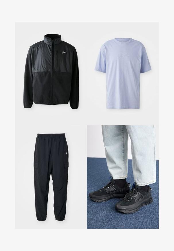 Schwarze Nike-Fleecejacke mit durchgehendem Reißverschluss, hohem Kragen, Reißverschlusstasche auf der Brust und kontrastierendem Stoffpaneel auf der oberen Vorderseite.; Hellblaues Baumwoll-T-Shirt mit Rundhalsausschnitt und kurzen Ärmeln. Mit einem geprägten "Nike"-Logo auf der Vorderseite in der Mitte. Weicher Stoff.; Schwarze Cargo-Hosen aus leichtem Material mit einem elastischen Bund, Seitentaschen und einer lockeren Passform mit elastischen Bündchen.; Schwarze Sportschuhe aus strukturiertem Stoff mit Gummisohlen, ausgestattet mit elastischen Schnürsenkeln und einem blauen Akzent an der Ferse. Getragen mit hellen Jeans.