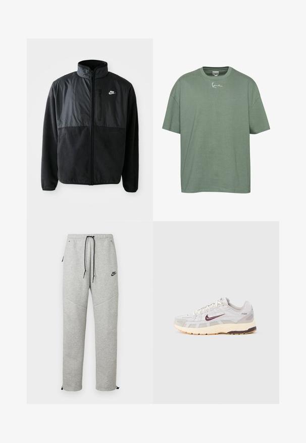 Zwarte Nike fleece jacket met volledige rits, hoge kraag, ritszak op de borst en contrasterend stoffenpaneel aan de bovenkant van de voorkant.; Groene katoenen t-shirt met een ontspannen pasvorm, geribbelde ronde hals en korte mouwen. Bevat witte geborduurde tekst op de borst.; Grijze Nike trainingsbroek met een verstelbare tailleband, zijzakken en elastische boorden. Heeft een soepele textuur en contrasterende zwarte logo-details.; Hardloopschoen voor heren in lichtgrijs en crème met een ademend mesh bovenwerk, een donkerrode Nike-swoosh, een gevoerde kraag en een gestructureerde zool.