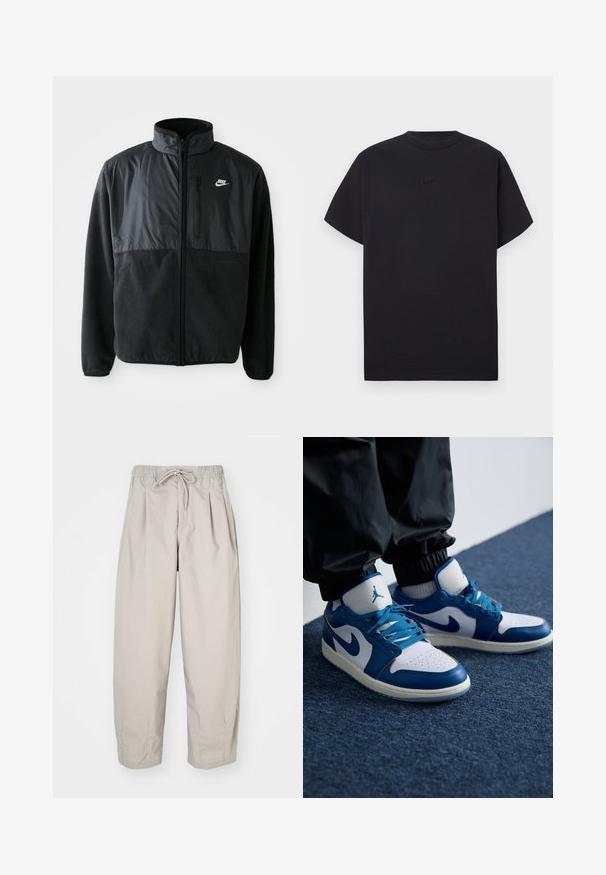 Musta Nike-fleece-takki täysipitkällä vetoketjulla, korkealla kauluksella, vetoketjullisella rintataskulla ja erottuvalla kangaspaneelilla etuosassa.; Musta, lyhythihainen Nike-paita, jossa on pyöreä pääntie ja pieni musta Nike-logo rinnan keskellä.; Haal beige, kevyet housut, joissa on joustava vyötärö ja nauhakuulut. Täydentää pleatit ja löysä istuvuus, valmistettu pehmeästä, sileästä kankaasta.; Nike Air Jordan tennarit ovat valkoiset nahkapohjaiset, joissa on siniset synteettiset yksityiskohdat, rei'itetty varvasosa ja siniset nauhat.