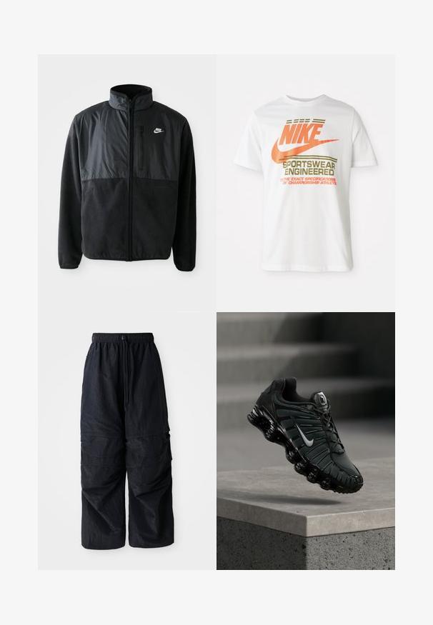 Chaqueta de forro polar negra de Nike con cremallera completa, cuello alto, bolsillo en el pecho con cremallera y panel de tela en contraste en la parte superior delantera.; Camiseta de algodón blanca con un gran logo naranja de "NIKE" y texto verde que dice "SPORTSWEAR ENGINEERED" junto con especificaciones adicionales.; Pantalones cargo negros de nylon ligero con cinturilla elástica, cordón ajustable y múltiples bolsillos en capas en las piernas.; Zapatilla de correr Nike en negro y gris oscuro con el logo Swoosh blanco suspendida sobre un borde de cemento y escaleras al fondo.
