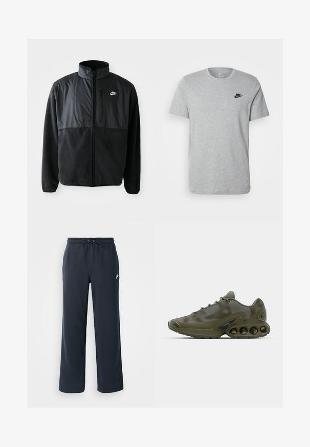 Schwarze Nike-Fleecejacke mit durchgehendem Reißverschluss, hohem Kragen, Reißverschlusstasche auf der Brust und kontrastierendem Stoffpaneel auf der oberen Vorderseite.; Graues T-Shirt mit kurzen Ärmeln aus Baumwolle, mit einem schwarzen Nike-Logo auf der Brust und einem runden Ausschnitt. Minimalistisches Design ohne Muster.; Dunkelblaue Sweatpants mit einem elastischen Bund und Kordelzug. Hergestellt aus weichem Stoff, mit einem kleinen weißen Logo auf der linken Hüfte.; Dunkelgrüner Sportschuh mit einer strukturierten Oberseite, Schnürverschluss und einer auffälligen Sohle, die sechs sichtbare Luftpolsterungseinheiten aufweist.
