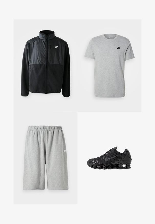 Zwarte Nike fleece jacket met volledige rits, hoge kraag, ritszak op de borst en contrasterend stoffenpaneel aan de bovenkant van de voorkant.; Grijze T-shirt met korte mouwen van katoen, voorzien van een zwart Nike-logo op de borst en een ronde halslijn. Minimalistisch ontwerp zonder patronen.; Grijze katoenen shorts met een elastische tailleband, voorzien van een losse pasvorm en een klein wit logo vlakbij de zoom. Gladde textuur, boven-knielengte.; Zwarte sportschoenen gemaakt van mesh en synthetische materialen, met een opvallend golvend ontwerp, zwarte rubberen zool en reflecterende accenten.
