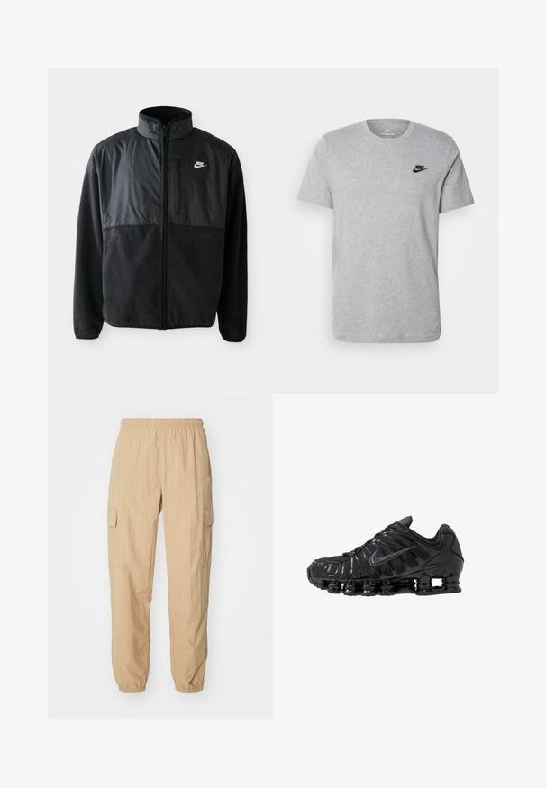 Schwarze Nike-Fleecejacke mit durchgehendem Reißverschluss, hohem Kragen, Reißverschlusstasche auf der Brust und kontrastierendem Stoffpaneel auf der oberen Vorderseite.; Graues T-Shirt mit kurzen Ärmeln aus Baumwolle, mit einem schwarzen Nike-Logo auf der Brust und einem runden Ausschnitt. Minimalistisches Design ohne Muster.; Beige Cargo-Hosen aus leichtem Stoff, mit einem elastischen Bund, zwei Seitentaschen und elastischen Bündchen an den Knöcheln.; Schwarze Sportschuhe aus Mesh- und synthetischen Materialien mit einem markanten wellenförmigen Design, schwarzer Gummisohle und reflektierenden Akzenten.