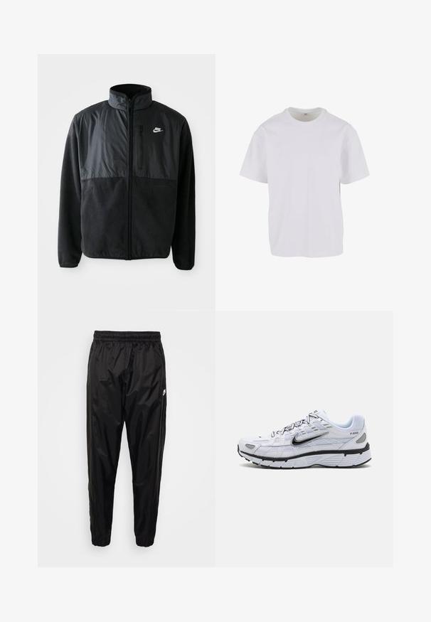 Sort Nike fleecejakke med fuld lynlås, høj krave, lynlåslomme på brystet og kontrasterende stofpanel på den øverste front.; Hvid T-shirt med korteærmer lavet af blødt bomuld, med rund halsudskæring og en afslappet pasform med lige kant. Ingen mønstre eller detaljer synlige.; Sorte træningsbukser lavet af let, skinnende materiale med elastisk talje, tætsiddende pasform og med lynlåslommer. Har et logo som accent.; Hvide løbesko med mesh-overdel, rund tå, sorte accenter og mønstret sål. Har snøring og branding på siden.