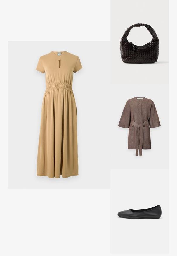 Manteau marron texturé longueur genou avec manches larges, encolure ronde, poches plaquées à l'avant et ceinture assortie en tissu nouée à la taille.; Robe midi beige à manches courtes, taille froncée, encolure arrondie avec petite fente devant, et jupe fluide.; Ballerines en cuir noir avec un bout rond, texture lisse, détails de couture minimalistes et design de semelle flexible.; Sac à main en cuir tressé de couleur brun foncé, de forme arrondie avec une poignée épaisse et tressée. Dispose d'une fermeture éclair et d'un logo discret sur le côté.