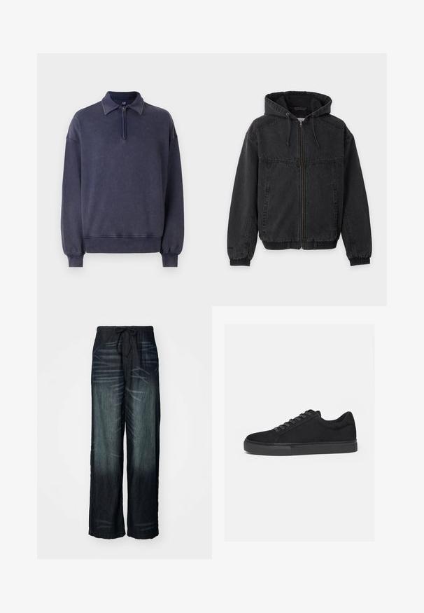 Sort denimjakke med hætte, lynlås foran, sidelommer, ribbede manchetter og kant, vist mod en ensfarvet hvid baggrund.; Marineblå sweatshirt med halv-zip krave, afslappet pasform og ribbede manchetter. Lavet af blødt materiale med en tekstureret overflade.; Bredde benbukser i mørk denim med en gradvis falmning. Har en elastisk talje med snor. Glat tekstur med subtile slidmønstre.; Sort lavtop sneaker med snørelukning foran og flad gummisål, vist fra siden på en hvid baggrund.