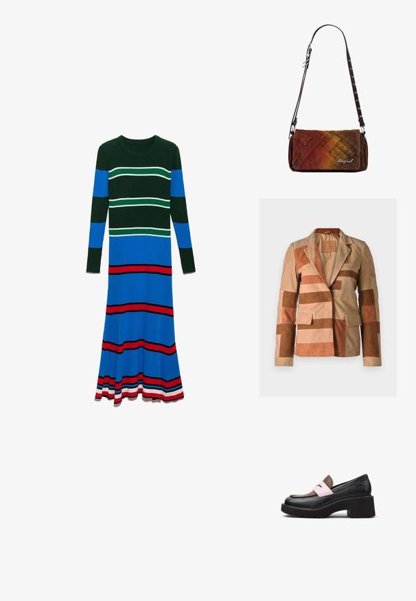 Suede blazeren med patchworkdesign i nuancer af beige og brun, med en notch-krave og to forlommer.; Strikkjole med lange ærmer, rund halsudskæring og lodrette striber i dyb grøn, blå og rød, med horisontale accenter i hvid.; Chunky loafer med tyk sort platformsål, sort bund, brun overdel og lyserød stroppdetalje tværs over toppen, vist fra siden.; Rektangulær crossbody-taske med justerbar mørkebrun rem, der har vævet teksturstof i rød, orange og brun gradient med lille logo.