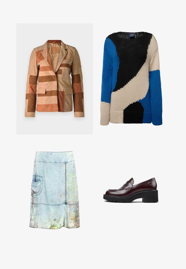 Suede blazeren med patchworkdesign i nuancer af beige og brun, med en notch-krave og to forlommer.; Strikket sweater med markante farvefelter i sort, blå og beige. Rund hals, lange ærmer og ribbede manchetter giver tekstur og varme.; Lyseblå denim nederdel til knæet med sidelomme, frontlynlås og subtile blomster mønstre nær kanten.; Burgundy læder loafers med rund tå, prydet med en dekorativ rem, chunky sort platformsål og subtilt logo på hælen.