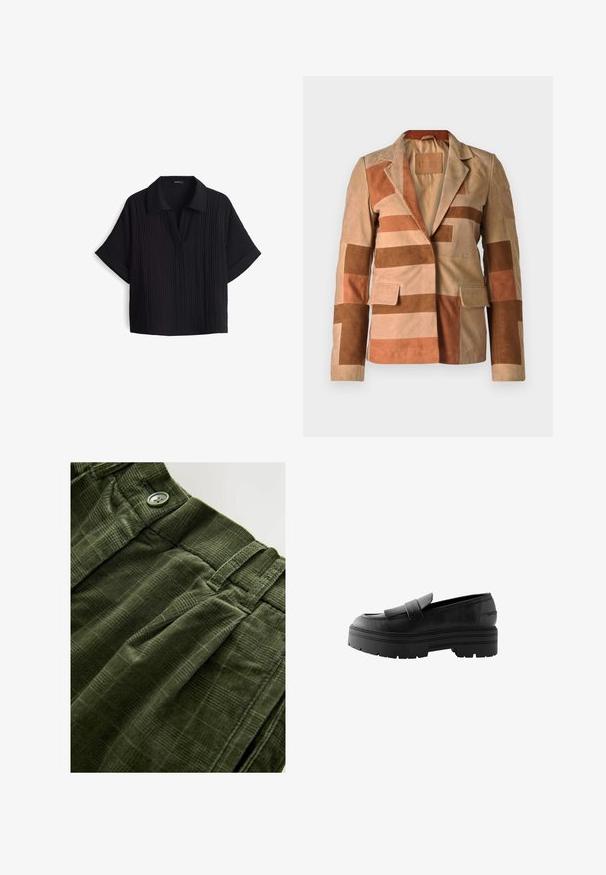 Suède blazer met een patchworkontwerp in tinten beige en bruin, met een gelapte kraag en twee voorkruiszakken.; ZwarteT-shirt met korte mouwen en een kraaghalslijn, gemaakt van een textuur- en ribstof en met een losse pasvorm. Geen zichtbare sluitingen.; Groene corduroy broek met een gestructureerd patroon, knoopsluiting en plooi langs de voorkant voor extra detail en design.; Zwarte leren loafers met een gestructureerd oppervlak, een opvallende voorband en dikke, chunky rubberen zolen met uitgesproken profielpatronen.
