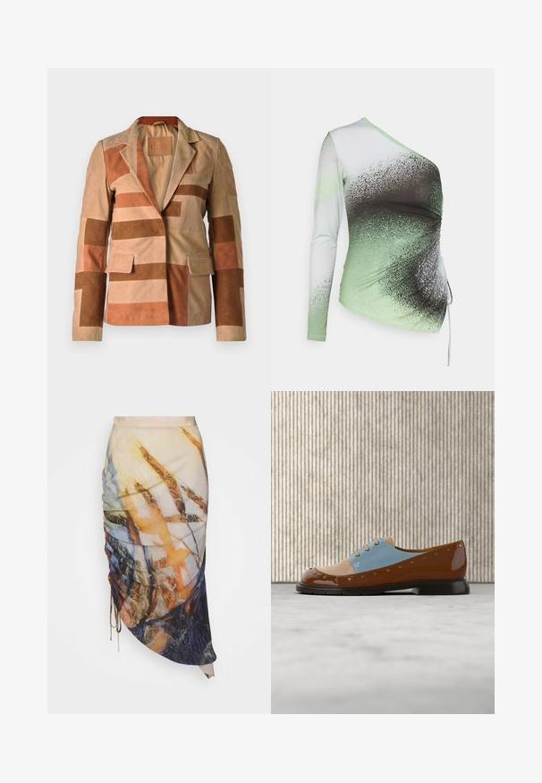 Blazer en daim avec un design en patchwork dans des tons beiges et bruns, doté d'un col cranté et de deux poches avant.; Elleme ONE SHOULDER - T-shirt à manches longues - light green/white; Materiel DIAGONAL GATHERED SKIRT - Jupe crayon - golden hour; Chaussure marron et bleu clair avec une finition vernie, ornée de clous décoratifs dorés et d'un laçage, posée sur un fond beige texturé.