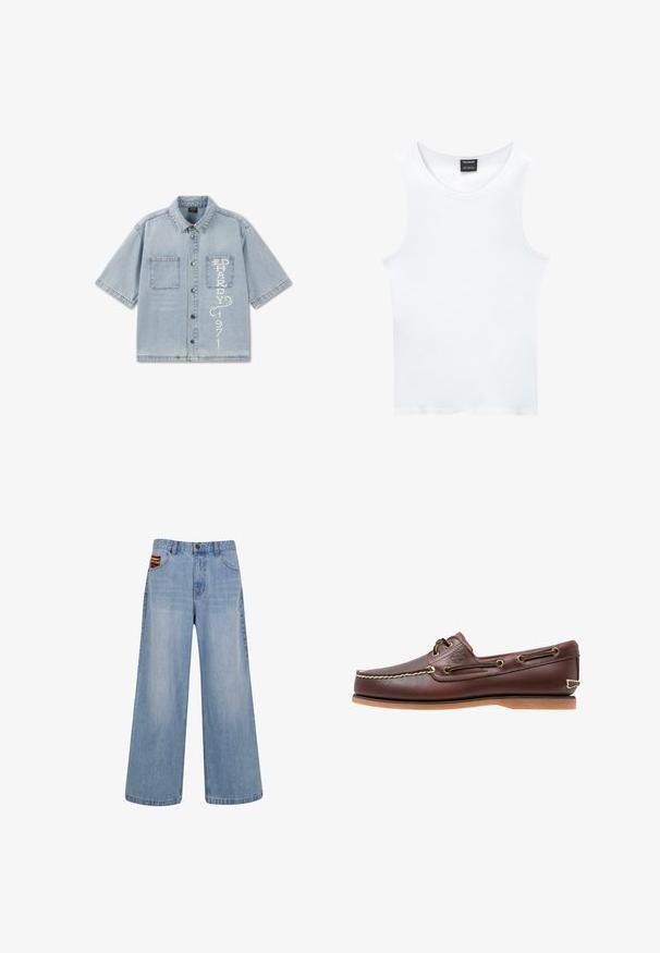 Lichtblauw denimoverhemd met korte mouwen, twee borstzakken, knoopsluiting aan de voorkant en verticale witte letters "Ed Hardy 1971" op de rechterzak.; Witte mouwloze tanktop van ribgewoven katoen. Heeft een ronde halslijn en een gladde textuur. Etiket leest "PULL&BEAR."; Lichtblauwe wijde jeans met hoge taille en een klein kleurrijk geweven detail dat uit de rechtervoorkant van de broekzak steekt.; Bruine leren bootschoen met witte stiksels, veterdetails en beige rubberen zool, zijaanzicht op een witte achtergrond.