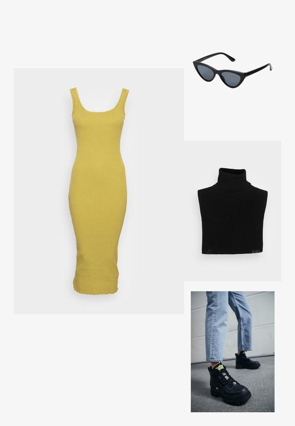 Suéter sin mangas negro de cuello alto en textura de punto acanalado, con un diseño ajustado y longitud corta.; Glamorous SQUARE NECK BODYCON MIDI DRESS WITH LETTUCE FRILL HEM - Vestido de punto - olive; Zapatillas altas negras con suela gruesa, con diseño de cordones, acentos de logo y etiquetas amarillas. Combinadas con unos vaqueros cortos de color azul claro.; Gafas de sol negras en forma de ojo de gato con lentes gris oscuro, marco de plástico elegante, esquinas puntiagudas y patillas rectas. Sin herrajes ni acentos visibles.