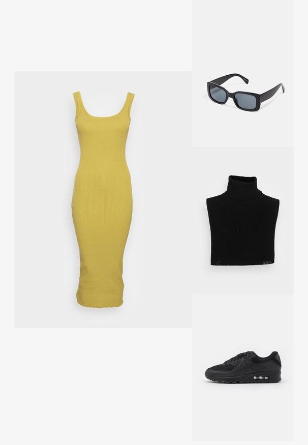 Schwarzer ärmelloser Rollkragenpullover aus geripptem Strickmaterial, mit einem hohen Kragen und einer taillierten Passform, in verkürzter Länge.; Glamorous SQUARE NECK BODYCON MIDI DRESS WITH LETTUCE FRILL HEM - Strickkleid - olive; Schwarze sportliche Sneaker mit einem oberen Teil aus glattem Leder und Mesh, runder Zehenpartie, strukturierten Akzenten und einer sichtbaren Luftpolsterung in der Sohle.; Schwarze rechteckige Sonnenbrille mit dunkel getönten Gläsern, dickem Kunstrahmen und breiten Bügeln. Glatte Oberfläche und kantiges Design.