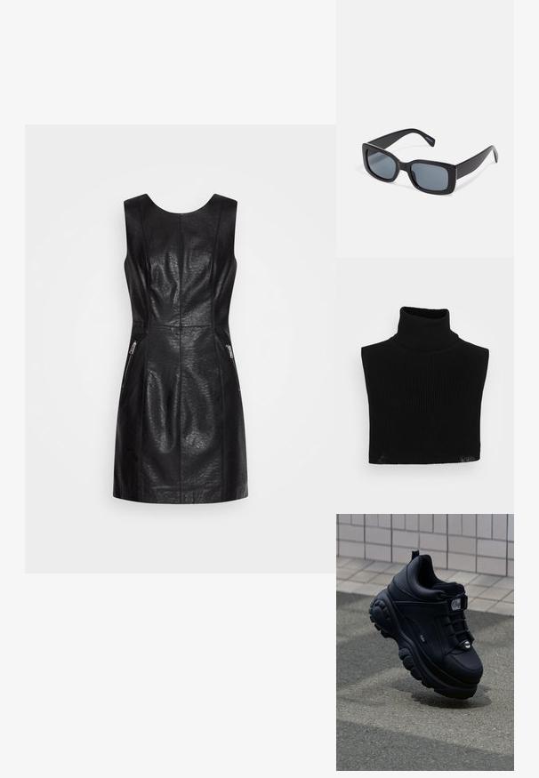 Čierny bezrukávový rolák z ribovaného úpletu, so zvýšeným golierom a priliehavým strihom, s krátkou dĺžkou.; ONLY ONLMIA BIKER DRESS - Denné šaty - black; Čierne robustné tenisky s hladkým koženým povrchom, viazaním vpredu, pohodlnou podrážkou a embosovaným logom na boku. Viditeľná textúrovaná podrážka.; Čierne obdlžnikové slnečné okuliare s tmavými tónovanými sklami, hrubým plastovým rámom a širokými časťami na spánkoch. Hladký povrch a ostrý dizajn.