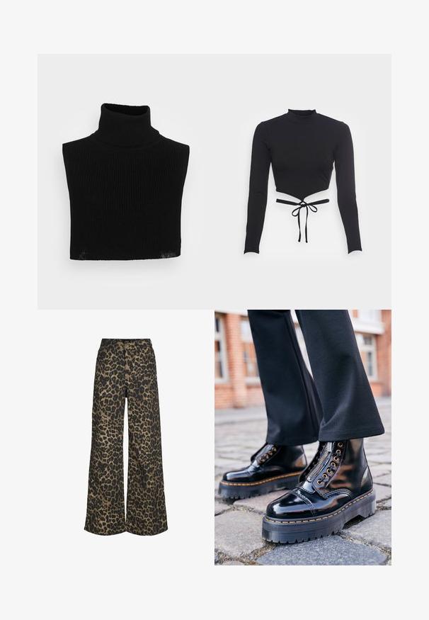 Sort ærmeløs rullekravesweater i ribstrikket tekstur, med høj krave og tætsiddende design, og med en kort længde.; Even&Odd by Zalando Langærmet T-shirt - black; Bukser med vide ben med et brunt og sort leopardmønster over det hele samt foran med knapper og lynlås.; Sorte lakerede ankelstøvler med en tyk gummisål, sidelukning med lynlås, guldfarvede øjer og kontrastfarvet gult syning.