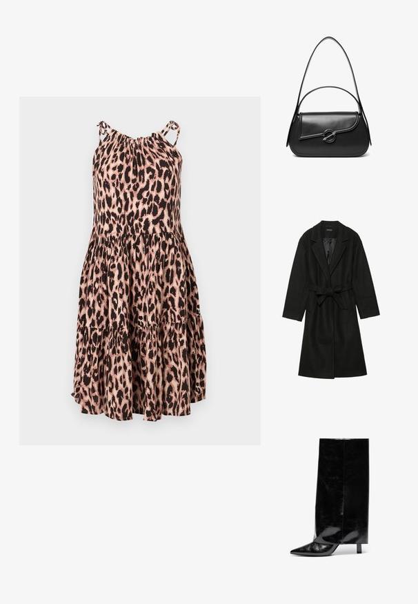 Even&Odd BELTED COAT - Klassikaline mantel - black; Leopardimusteriga kihiline kleit roosa ja musta värviga, millel on reguleeritavad õlapaelad ja kokkukogutud kaelus, valmistatud kergetest kangast.; Mustmust musta nahkasaabas terava nina ja plokk-kandaga, millel on kõrge läikiv säär ja tekstiilne viimistlus alumises osas.; Must nahast õlakott kõverda kaanega, mida hoiab kinni ümmargune metallist klamber ja millel on õhuke, reguleeritav rihm.