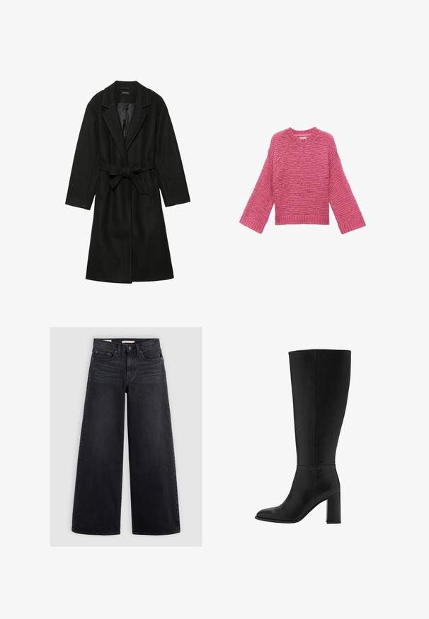 Even&Odd BELTED COAT - Klassisk frakke - black; Rosa strikket sweater med rund hals, brede ærmer og en struktureret overflade. Ribbet kant og manchetter, der giver en løs pasform.; Bredbenede sorte jeans lavet af denim, med høj talje, fem lomme-design og subtilt slid langs forsiden.; Sorte knælange støvler med hæl lavet af glat læder. Har en afrundet tå og chunky blokhæle, med minimal syning.