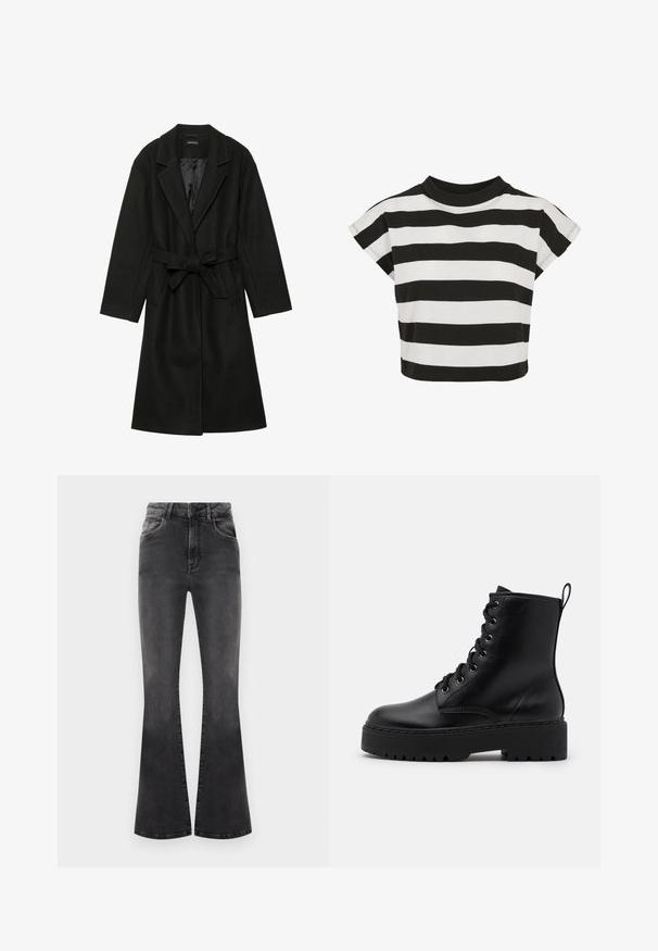 Even&Odd BELTED COAT - Mantel - black; Zwart-witte gestreepte crop top met een ronde halslijn en korte, kapmouwen; gemaakt van zacht katoenmateriaal.; Zwarte flared jeans met een hoge taille, naaigegevens en vijf zakken. De stof heeft een gladde textuur met een vervaagd effect.; Zwarte leren enkelboot met een dikke, gestructureerde zool, ronde neus en metalen oogjes voor veters. Voorzien van een lus aan de achterkant.