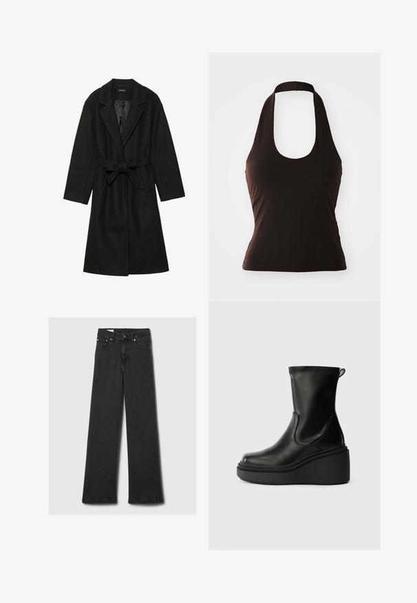 Even&Odd BELTED COAT - Manteau classique - black; Top noir à halter en tissu doux, avec un col large en scoop et une silhouette ajustée, sans motifs ni ornements supplémentaires.; Jeans noirs taille haute à jambes droites avec cinq poches et rivets en cuivre, posés à plat sur un fond gris clair.; Bottine en cuir noir avec une semelle compensée, texture lisse, bout arrondi, côtés élastiques et une languette à l'arrière.