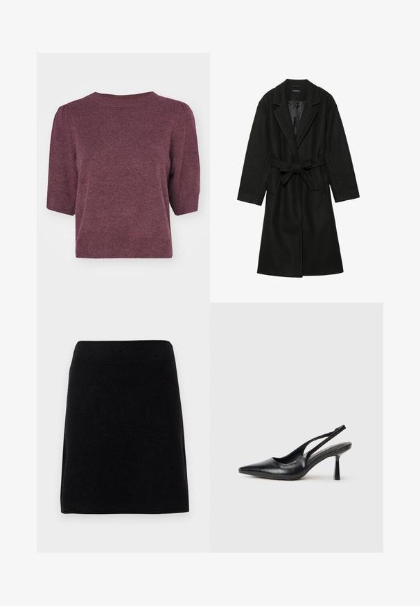 Even&Odd BELTED COAT - Klassisk frakke - black; Bordeaux strikket sweater med korte puffærmer, rund hals og en let løs pasform. Blød tekstur med et subtilt mønster hele vejen igennem.; Sort mini nederdel lavet af blødt stof, med lige snit og sømløs talje, uden synlige lukninger eller mønstre.; Sort læderslagback højhælet sko med spids tå og slank hæl på en hvid baggrund.