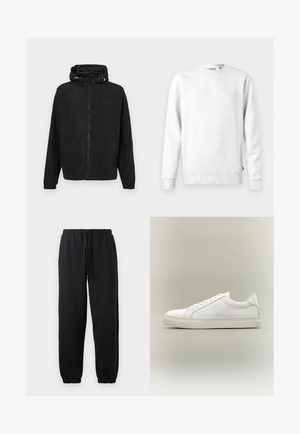 Sort letvægtsjakke med hætte, har en frontlynlås, elastiske manchetter og en lille brystlomme med et mærke. Glat tekstur.; Lys grå sweatshirt lavet af blødt materiale. Rund hals, lange ærmer, ribbede manchetter og kant. Har et lille logo-tag på siden.; Sorte joggingbukser lavet af blødt stof, med elastisk talje og justerbar snor, samt manchetter ved bunden.; Hvid lavtop sneaker med snørebånd foran og tyk sål, vist fra siden mod en neutral baggrund.